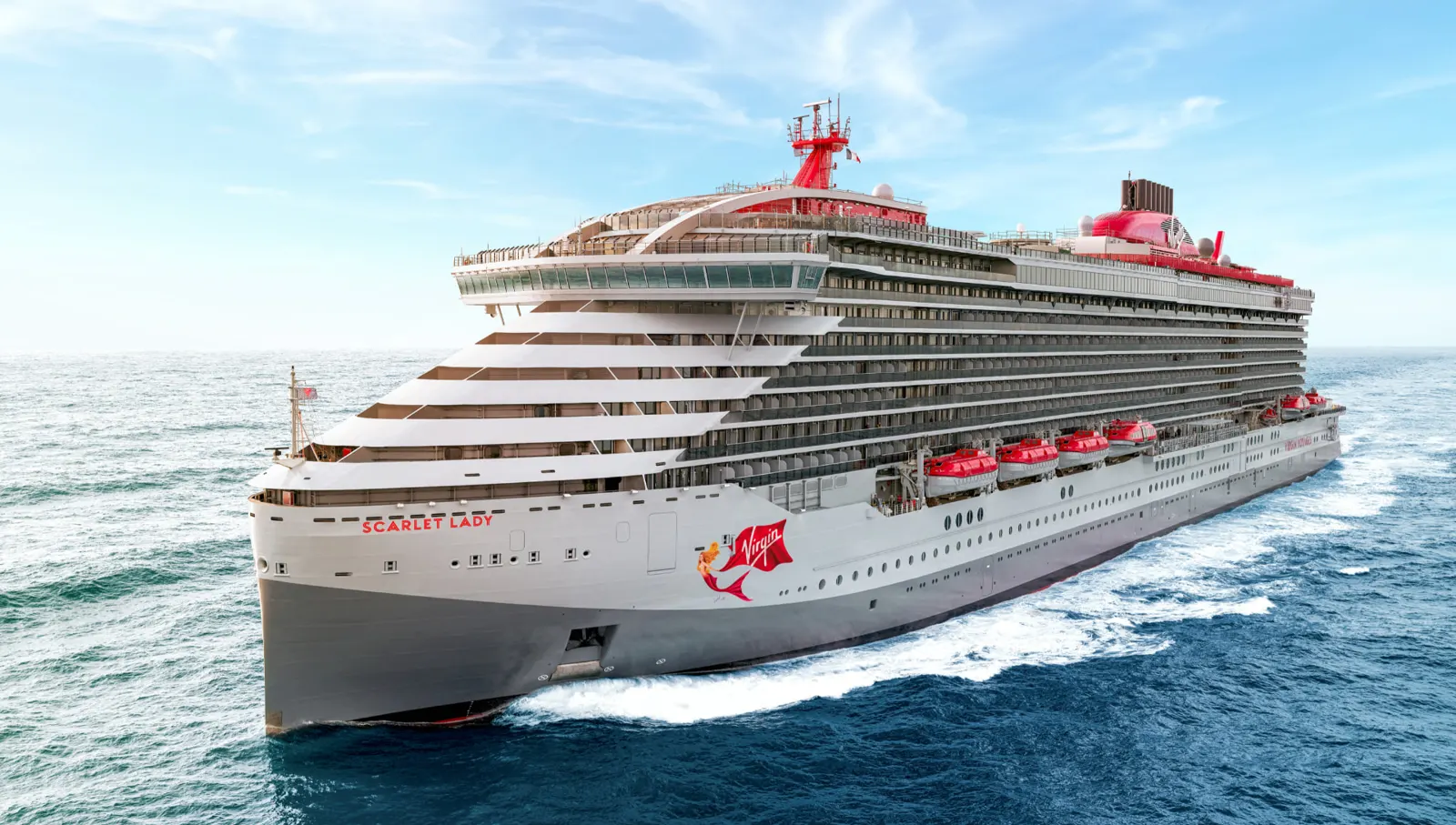 Virgin Voyages cruise ship sailing on the open sea