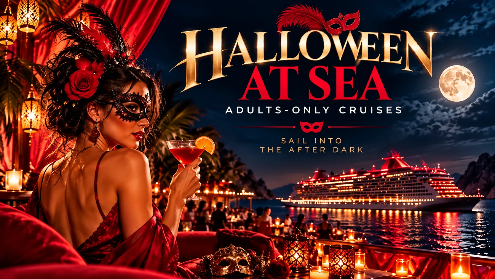 Halloween at Sea artwork with a masked woman, headline and illuminated cruise ship