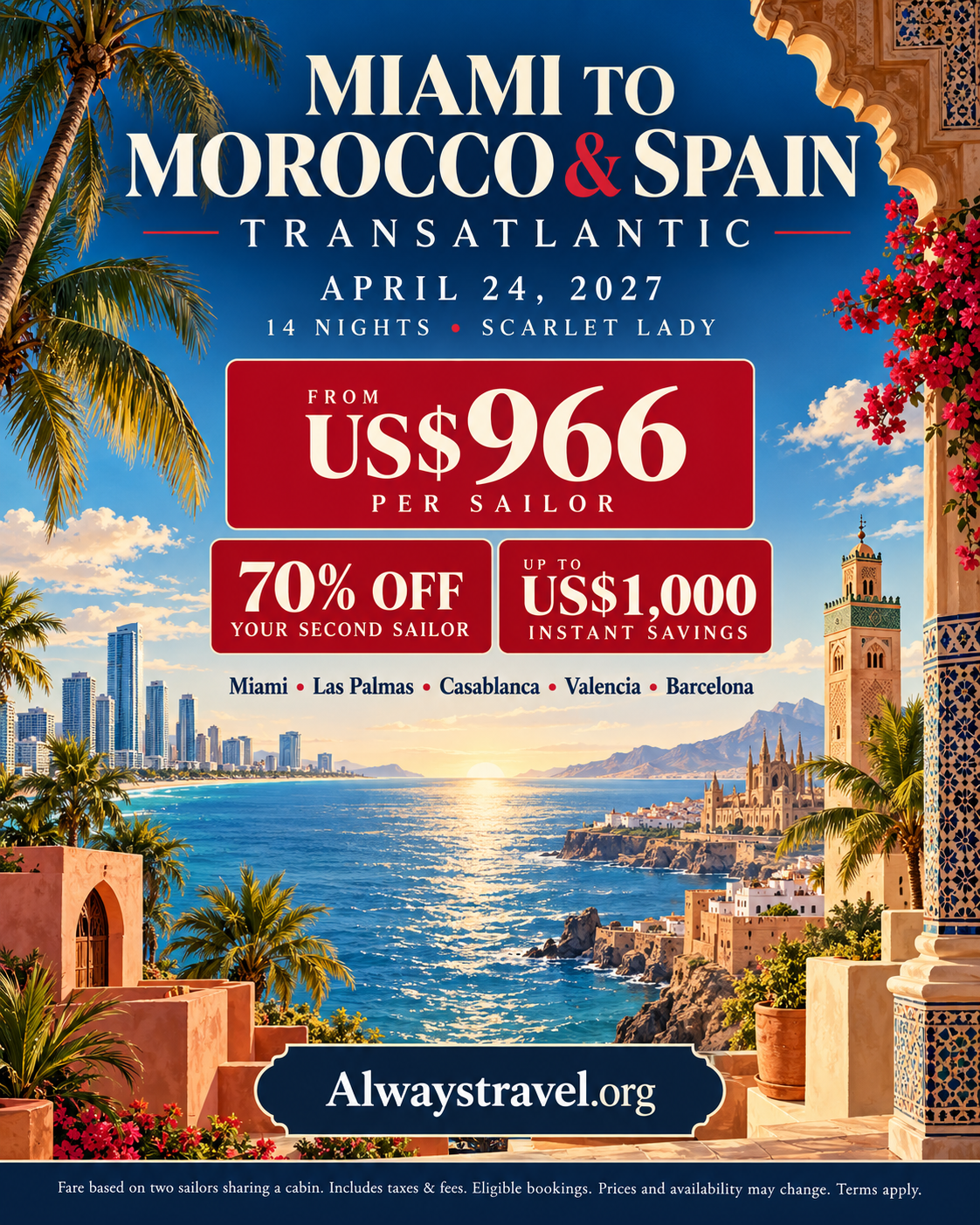 Miami to Morocco and Spain Transatlantic offer aboard Virgin Voyages Scarlet Lady