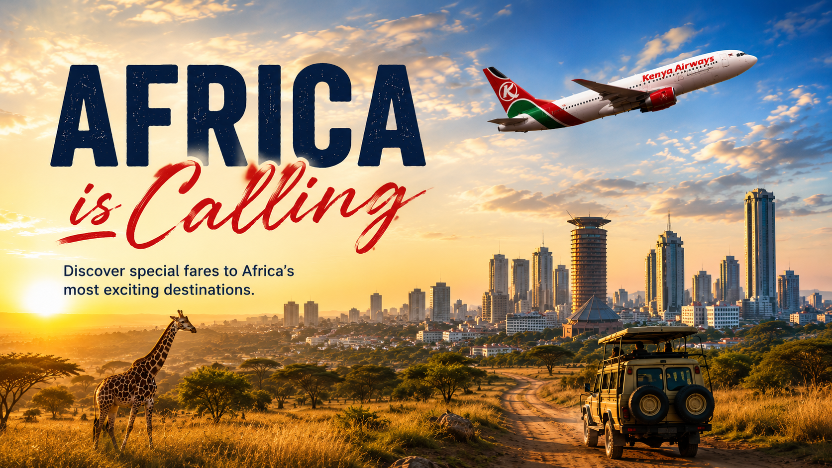 Kenya Airways aircraft flying over the savanna with a giraffe and safari vehicle