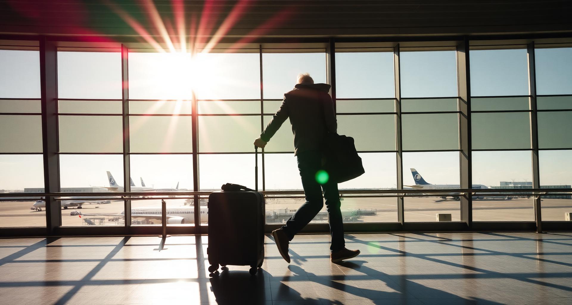 Traveler with suitcase at a sunlit international airport terminal