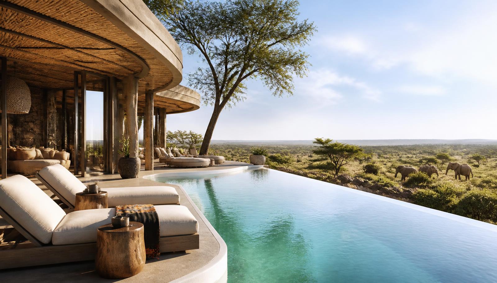 Luxury African lodge with an infinity pool overlooking the savanna on a bright day