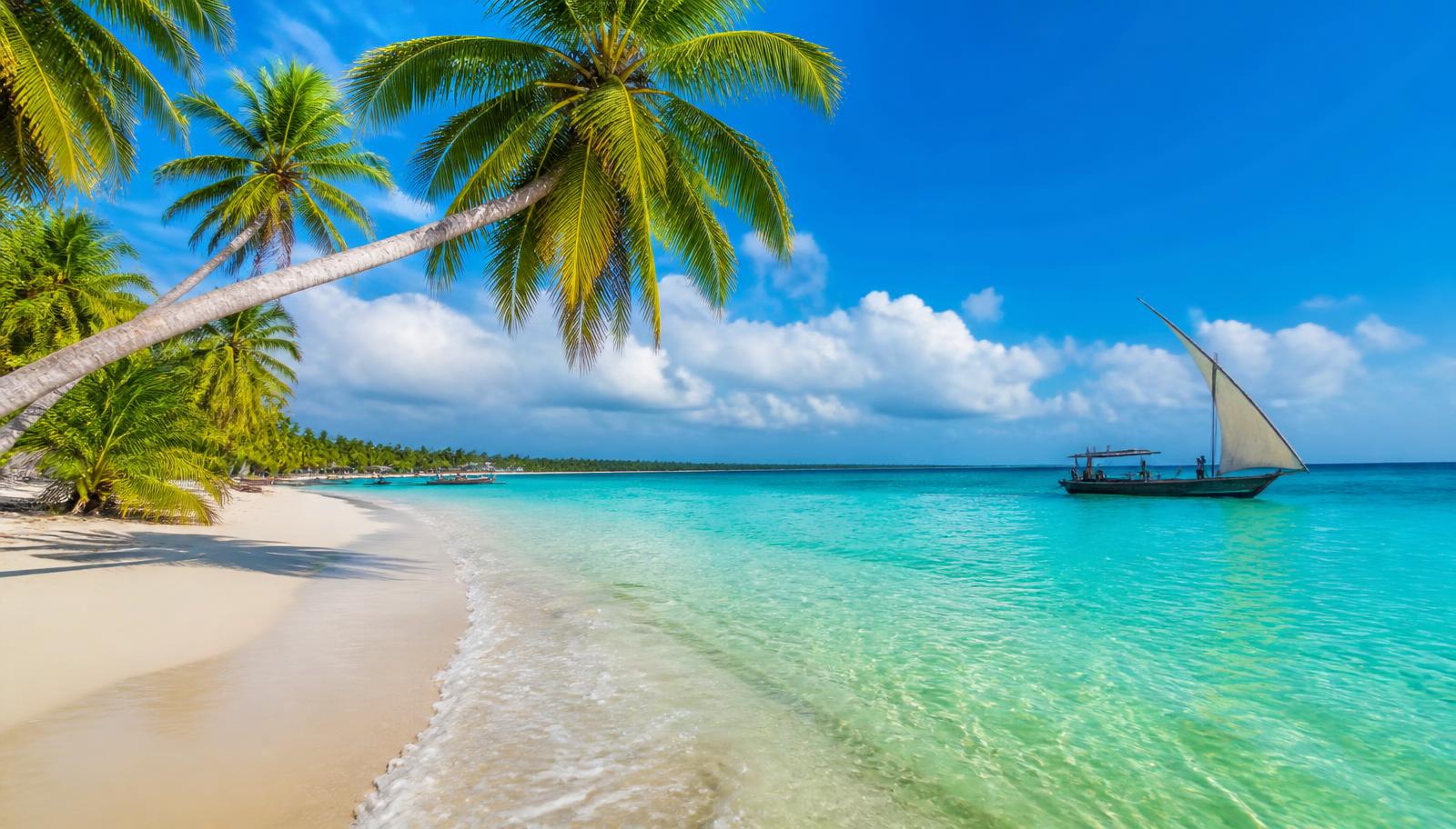 White sand beach with palm trees and turquoise water on a bright day