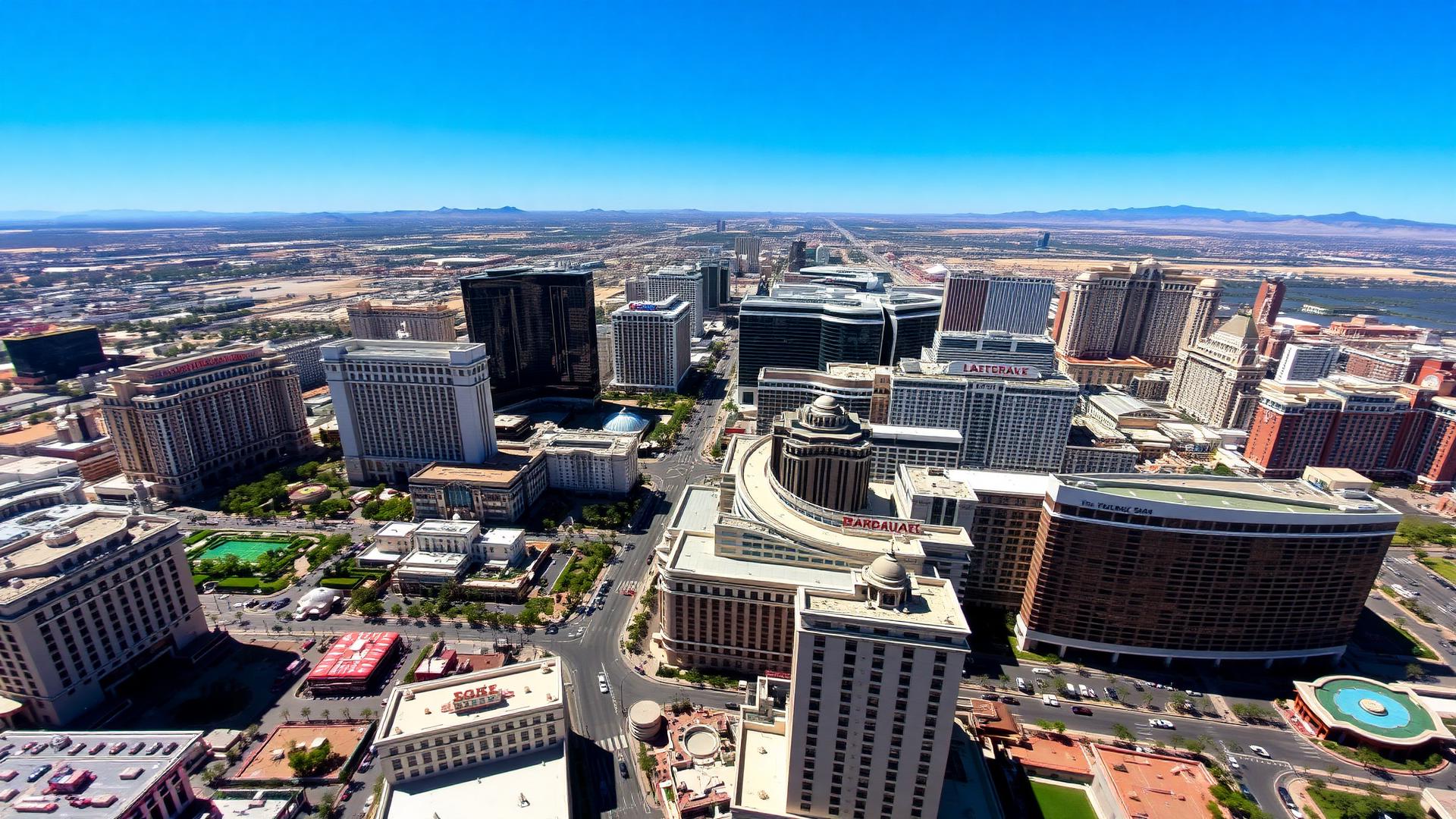 Aerial daytime view of the Las Vegas Strip with hotels and clear blue sky