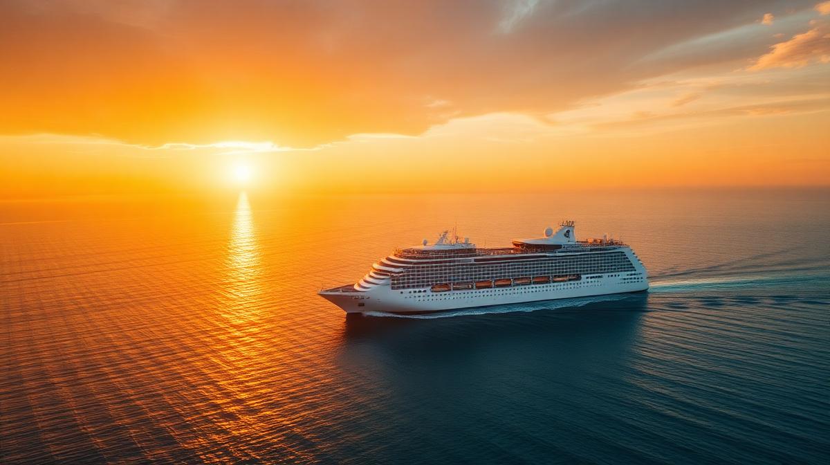Cruise ship crossing the open ocean at sunset