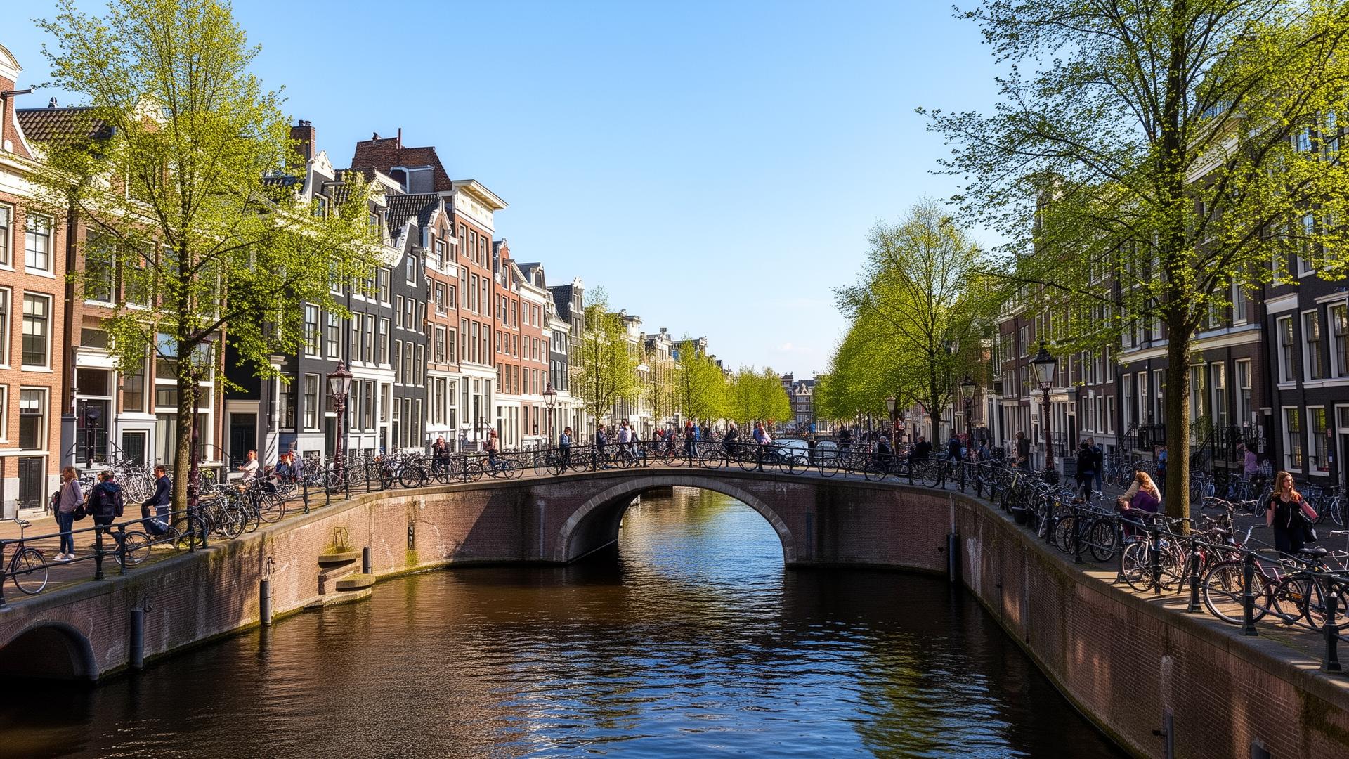 Amsterdam canal with bridge, bicycles, and people on a clear spring day