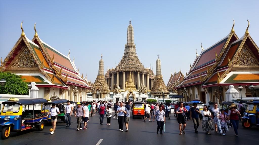 Bangkok Grand Palace area with temples, tuk-tuks, and tourists during daytime