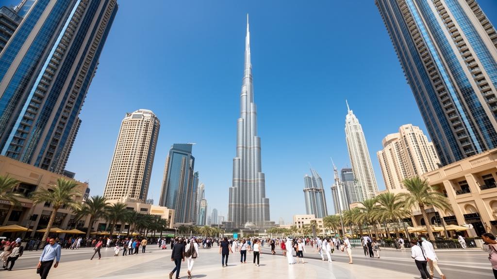 Dubai downtown with Burj Khalifa and people walking on a clear day