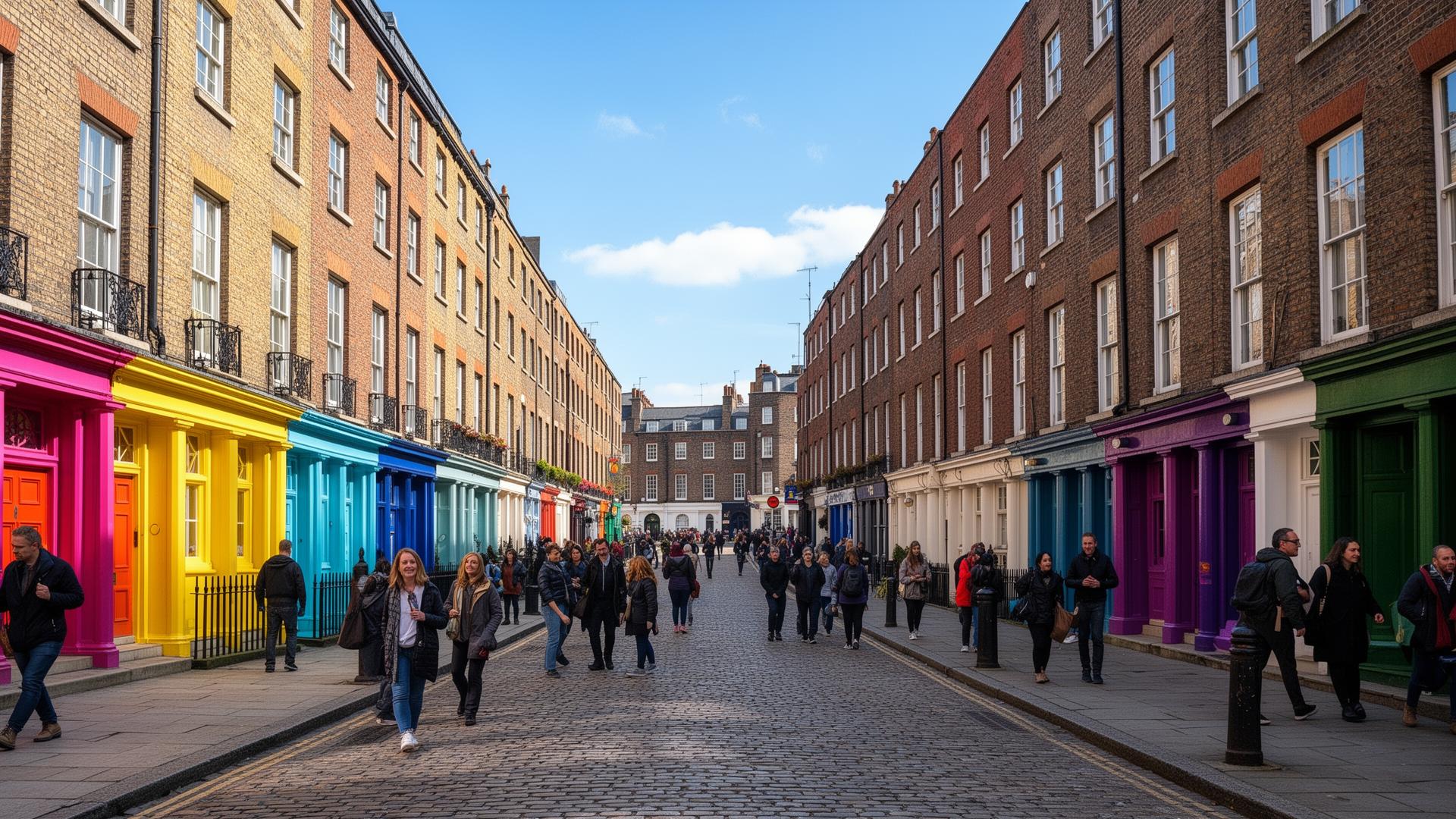 Dublin Georgian street with colorful doors and people walking on a sunny day