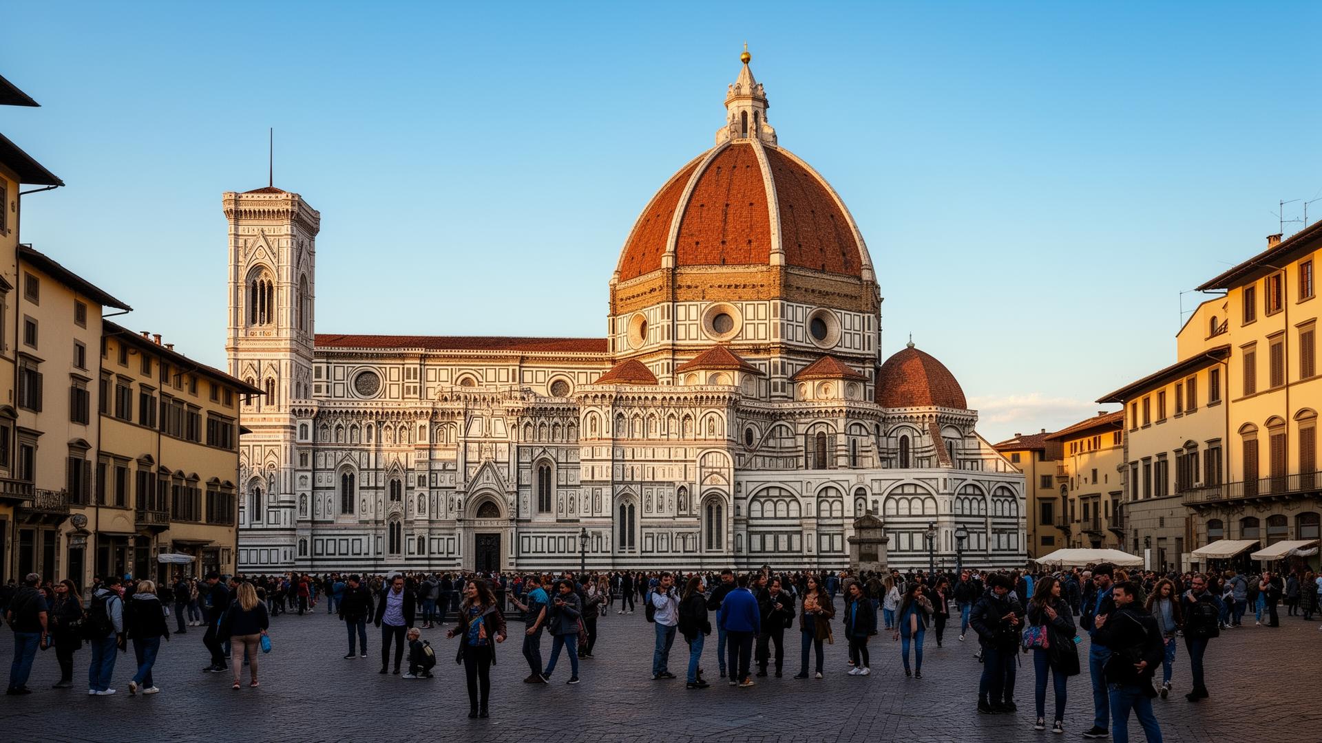 Florence Duomo cathedral and piazza with people on a clear day