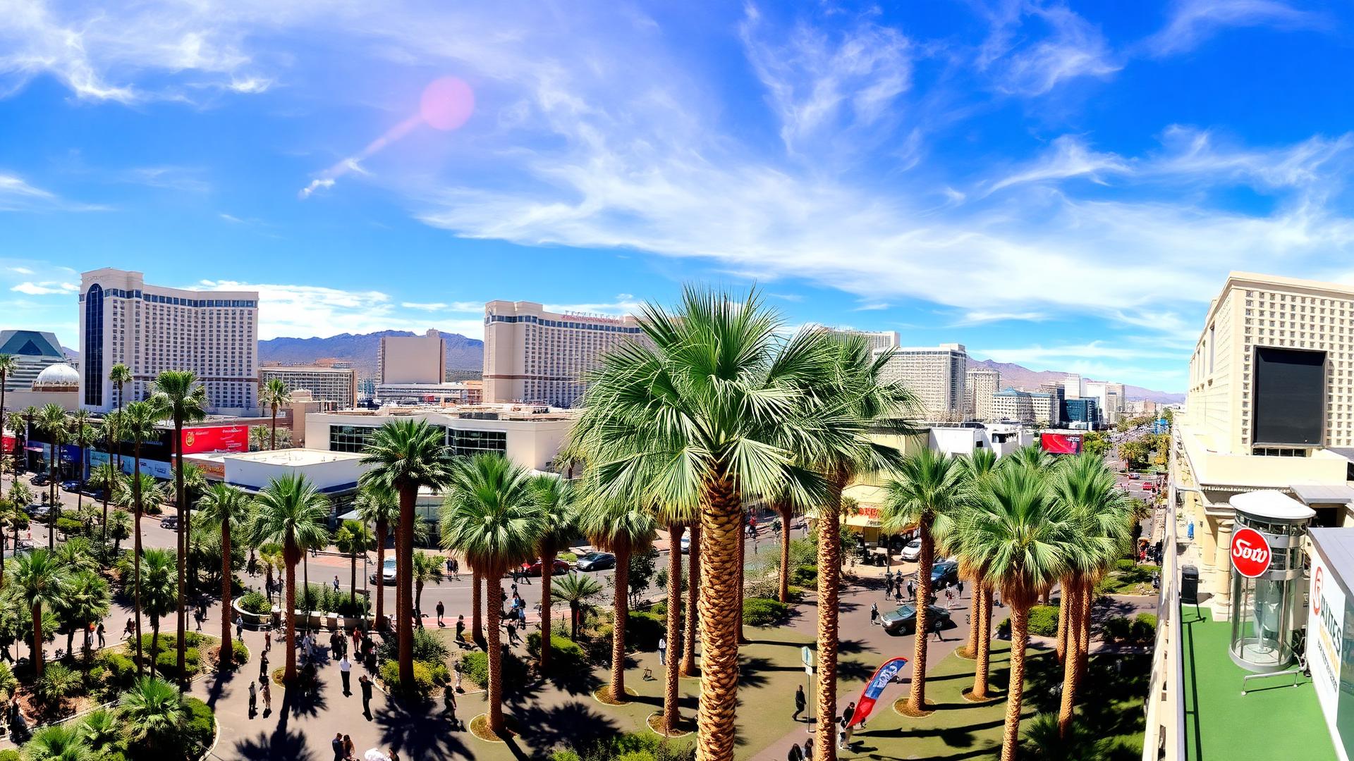 Las Vegas Strip during the day with people walking and palm trees