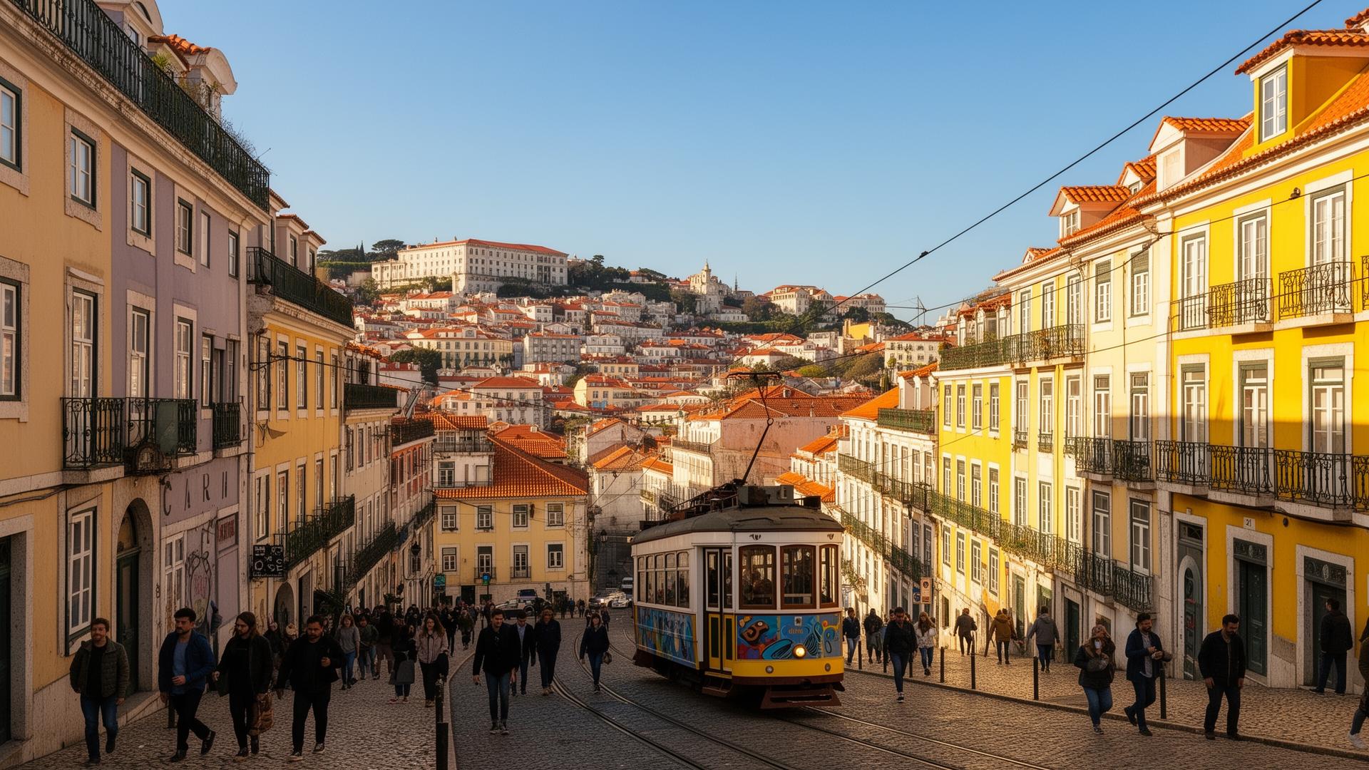 Lisbon hillside street with yellow tram and pedestrians on a clear day