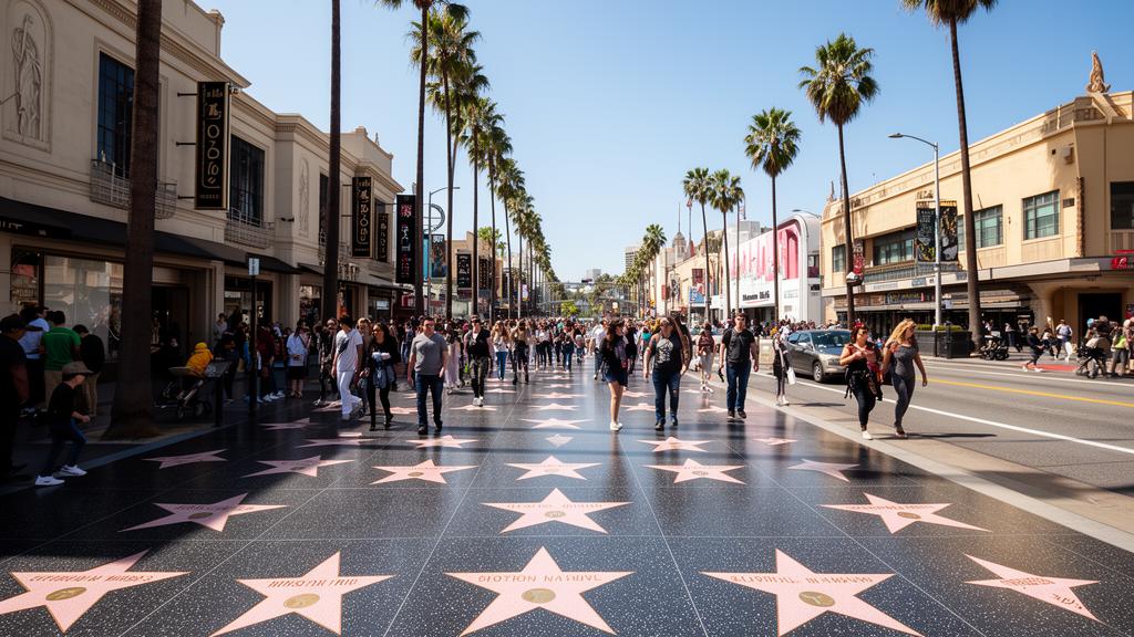 Hollywood Boulevard Walk of Fame with people walking on a clear day in Los Angeles