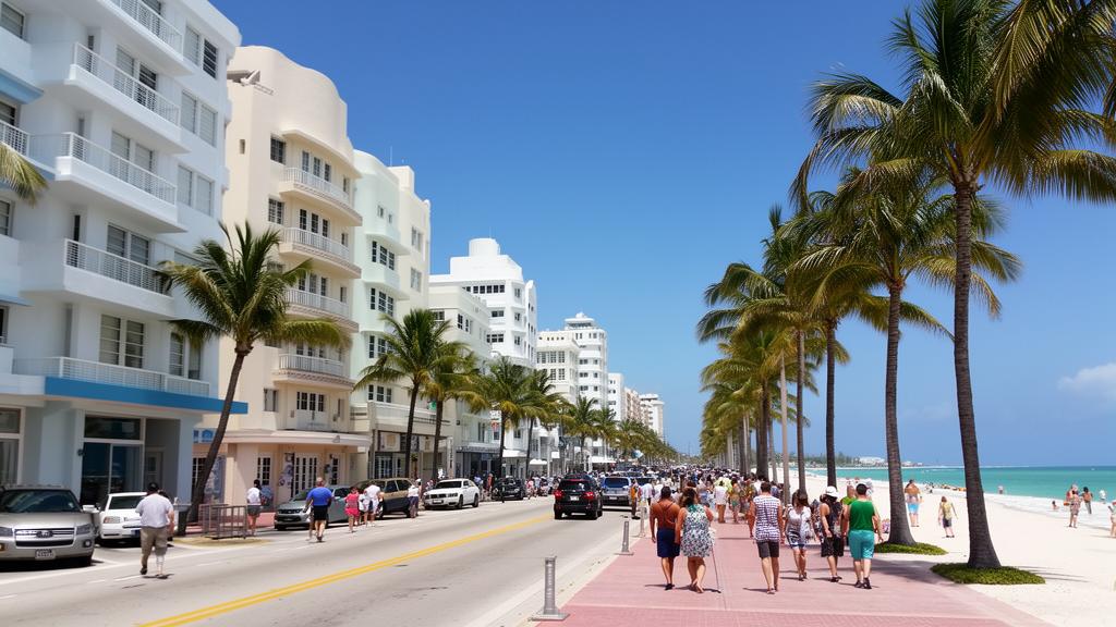 Miami South Beach Ocean Drive with art deco buildings and palm trees on a sunny day