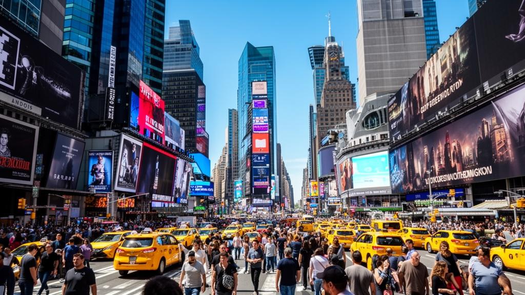 Times Square in New York City with crowds and yellow taxis on a clear day