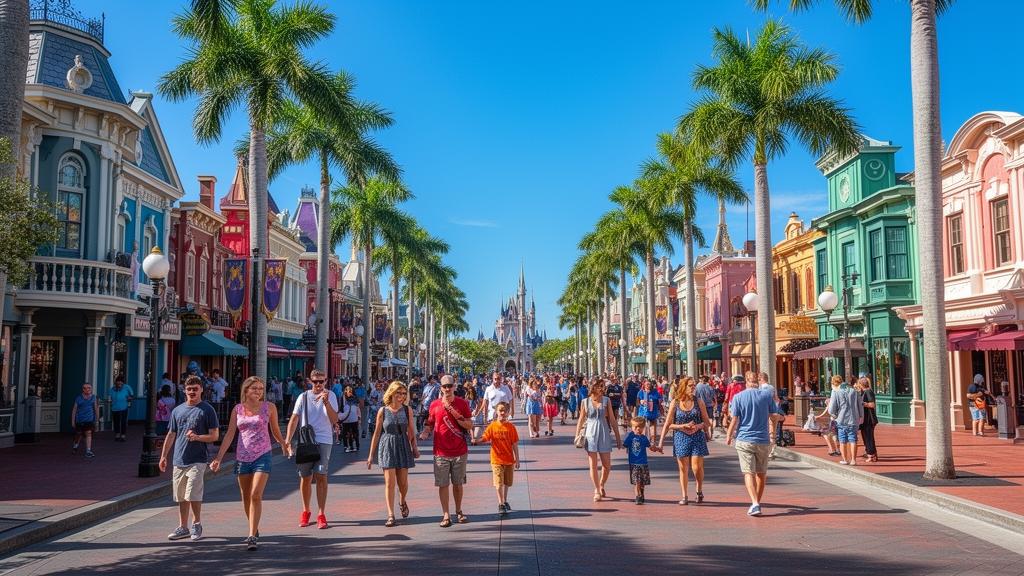 Orlando theme park area with families walking and colorful buildings on a sunny day