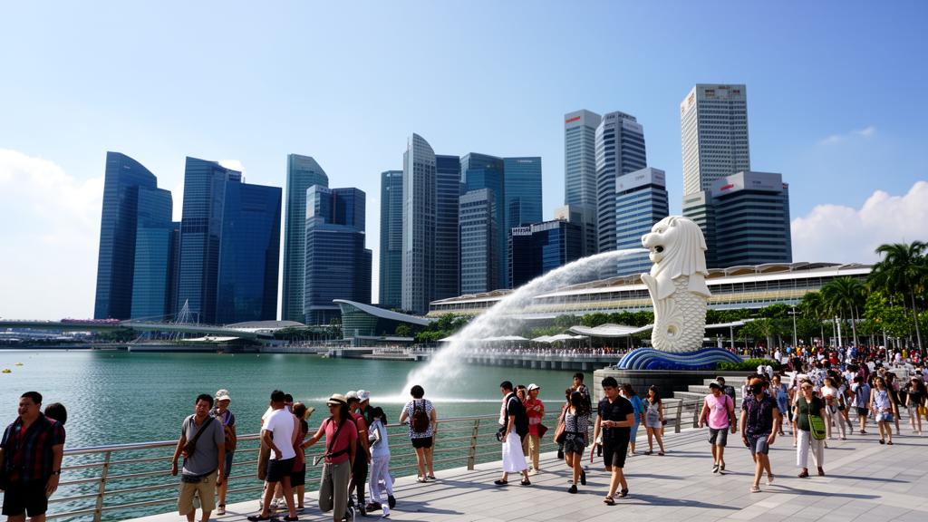 Singapore Marina Bay with Merlion fountain and tourists on a clear day