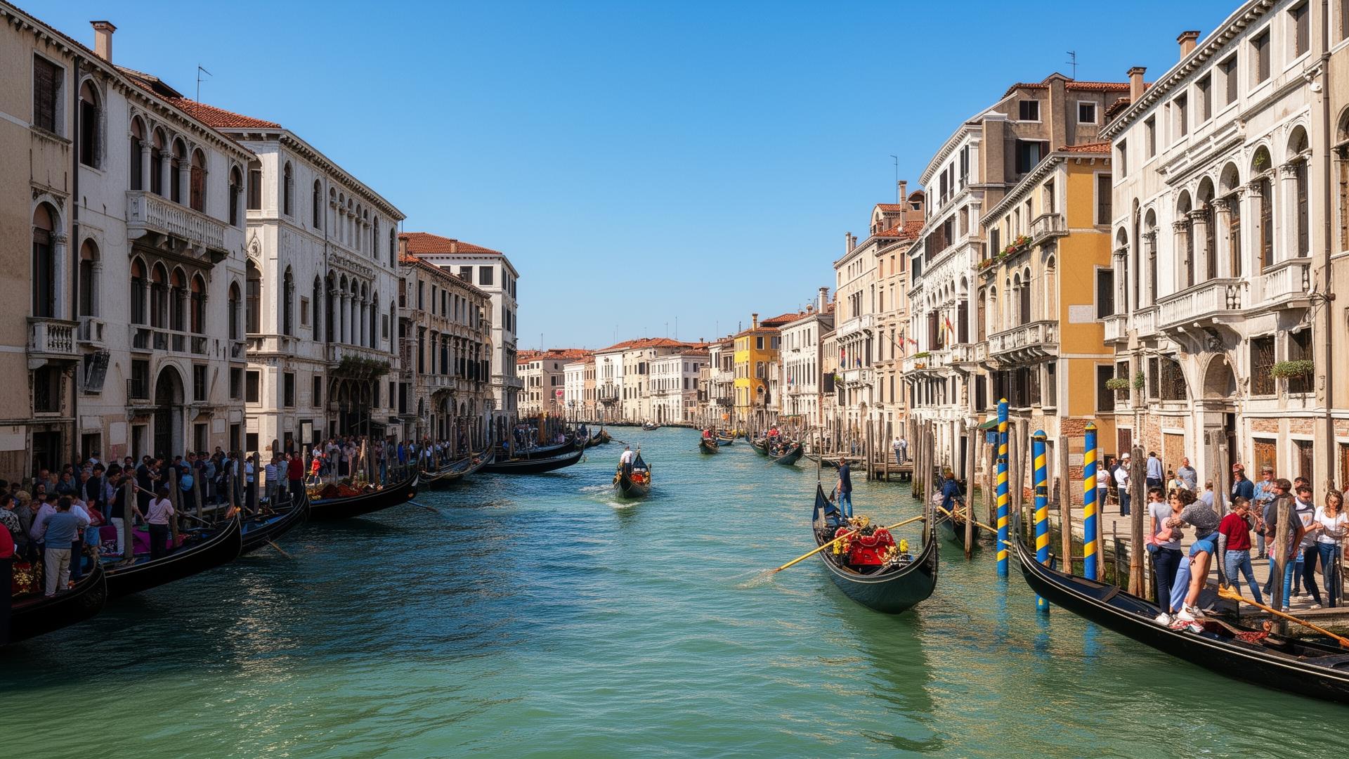 Venice Grand Canal with gondolas and tourists on a clear sunny day