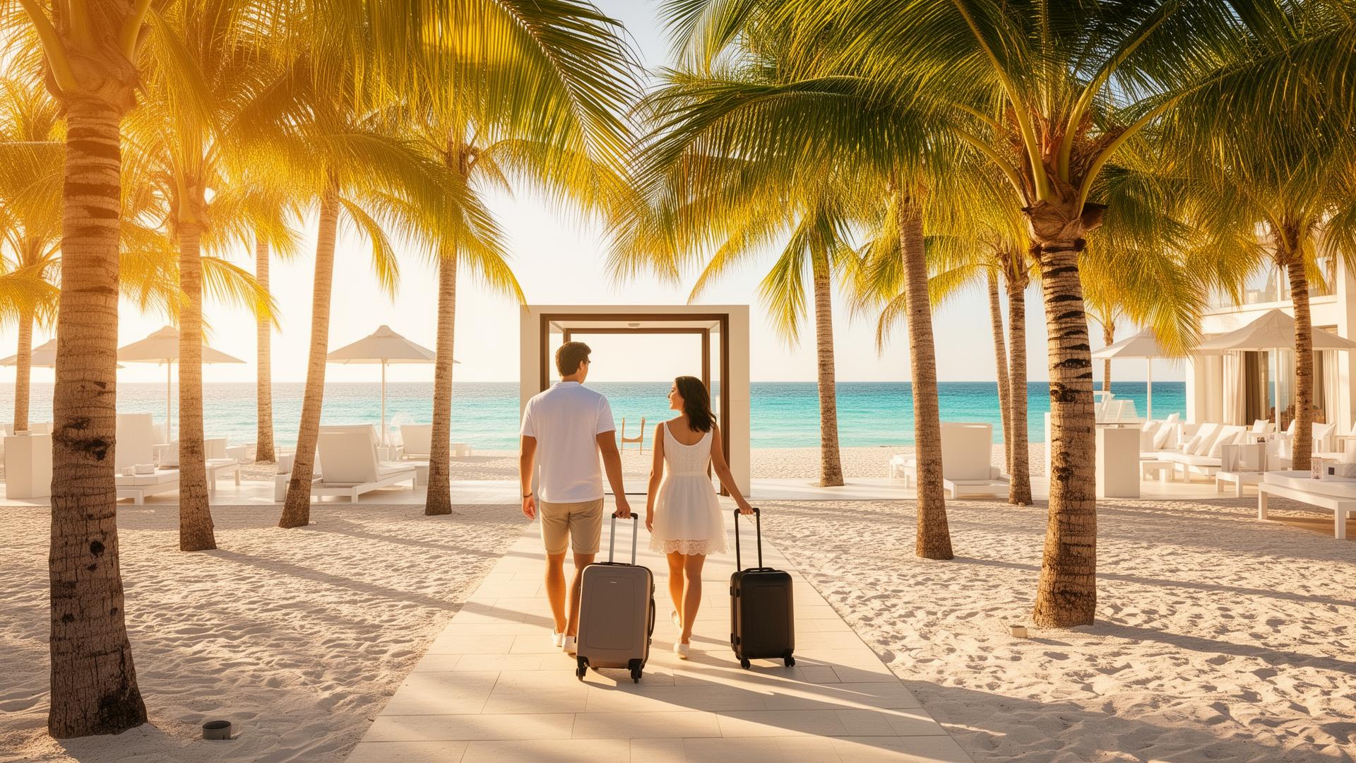 Couple arriving at a tropical beach resort with suitcases