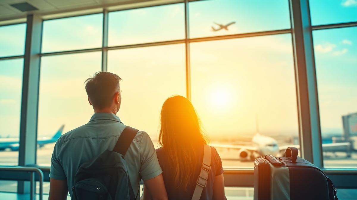 Travelers at an airport looking at planes