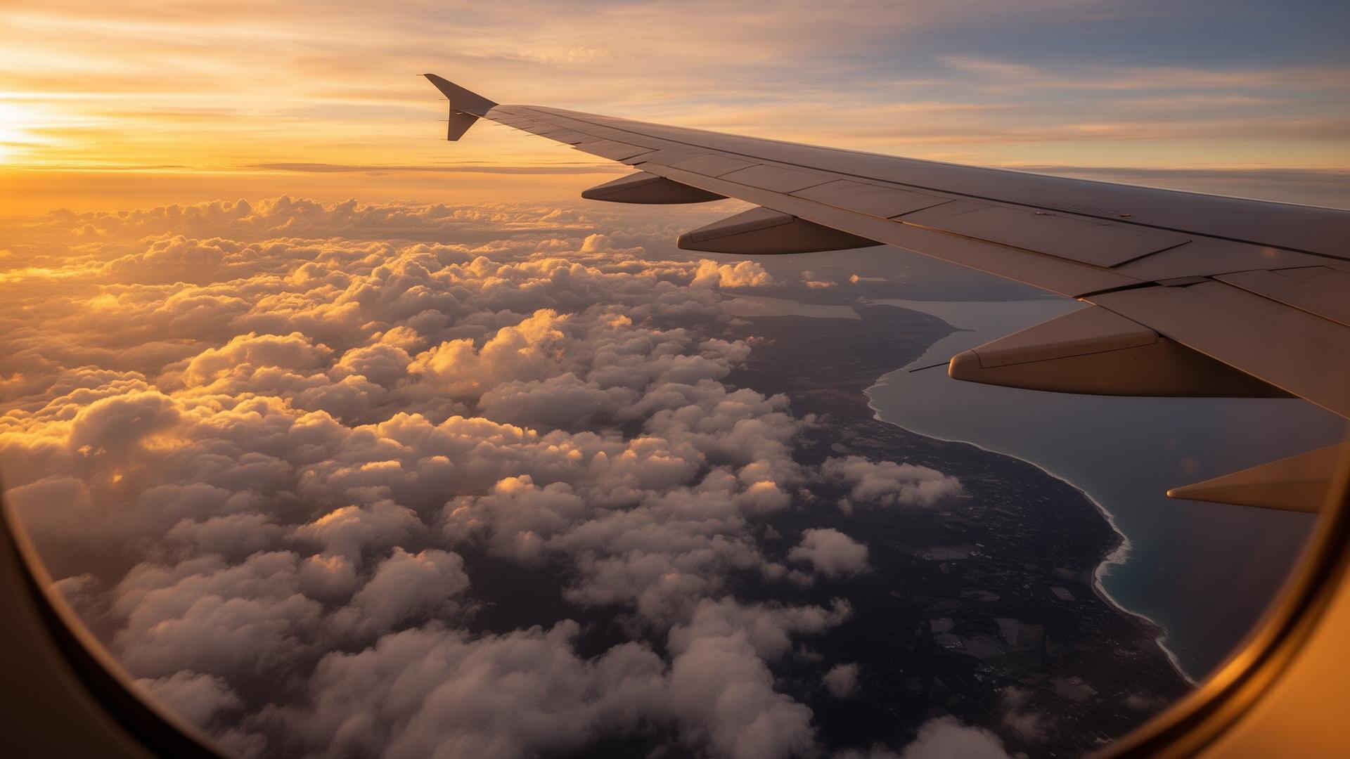 Aerial view from airplane window at sunset