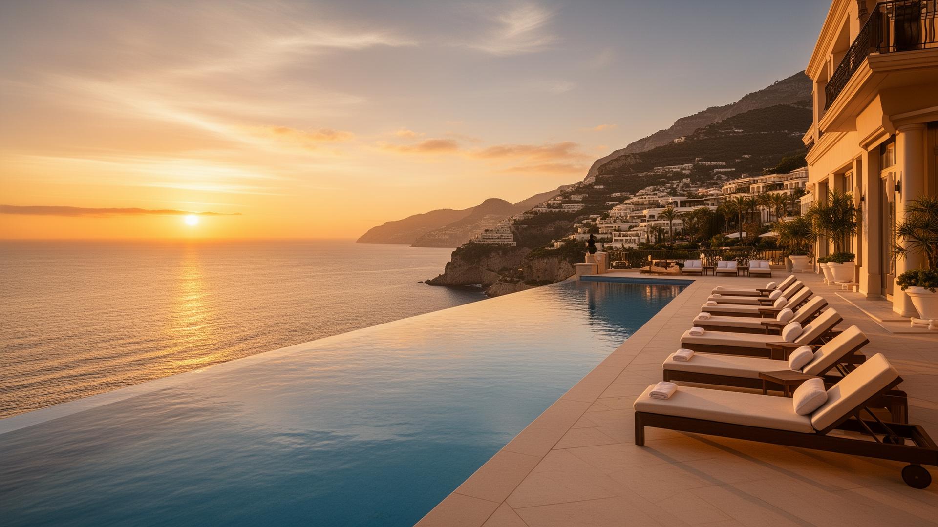 Luxury hotel infinity pool overlooking Mediterranean coastline at sunset