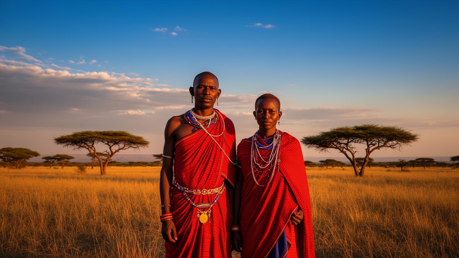 African safari landscape with wildlife at sunrise